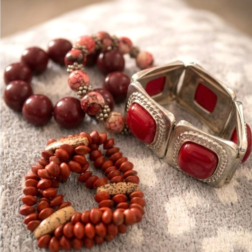 Elegant Red Tone and Silver Bracelet Set Jewelry